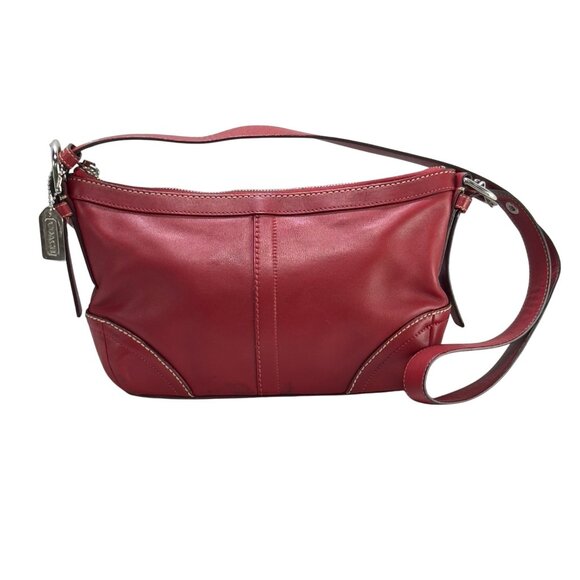 COACH Red Leather Shoulder Bag Adjustable Strap Multiple Pockets Topstitching - Picture 1 of 10
